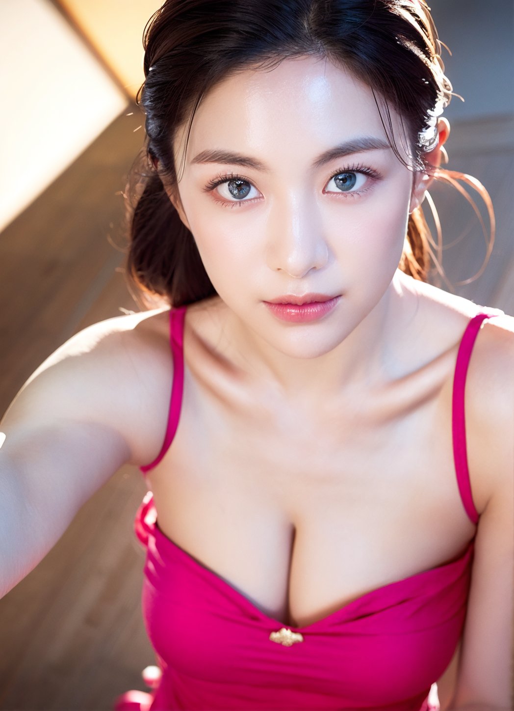 Full shot, looking_front, 19 years old, looking up, lively skin, (perfect face: 1.3), ((symmetrical eyes)), (beautiful eyes: 1.3), (face details: 1.3), Korean, gentle smile, blowing hair, roses in hair, wearing a pink dress made of pedals, micro bikini, roses in background, light from above to give heavenly feeling, dramatic lighting, ultra detailed, masterpiece, 8k,1 girl, (large breast, perfect female body, slim waists, slim_body,  thigh_gap),perfect light,Eunji