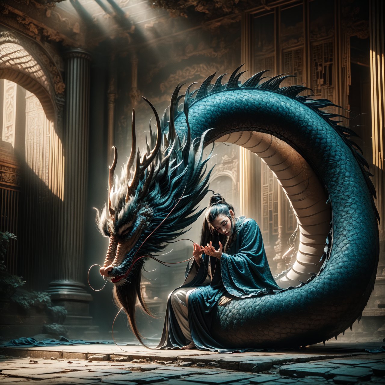 Chinese dragon, sleeping dragon posture, head bowed, dignified, introspective, subdued, texture and details, humble posture, profound symbolism, repentance, solemn introspection, wisdom and humility.
By FuturEvoLab, (Masterpiece, Best Quality, 8k:1.2), (Ultra-Detailed, Highres, Extremely Detailed, Absurdres, Incredibly Absurdres, Huge Filesize:1.1), 