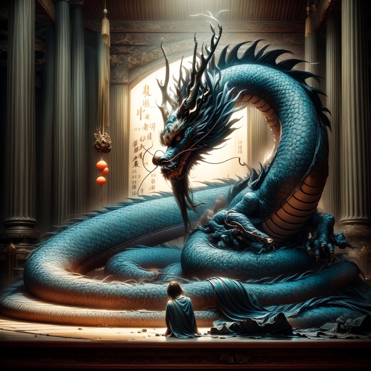 Chinese dragon, sleeping dragon posture, head bowed, dignified, introspective, subdued, texture and details, humble posture, profound symbolism, repentance, solemn introspection, wisdom and humility.
By FuturEvoLab, (Masterpiece, Best Quality, 8k:1.2), (Ultra-Detailed, Highres, Extremely Detailed, Absurdres, Incredibly Absurdres, Huge Filesize:1.1), 