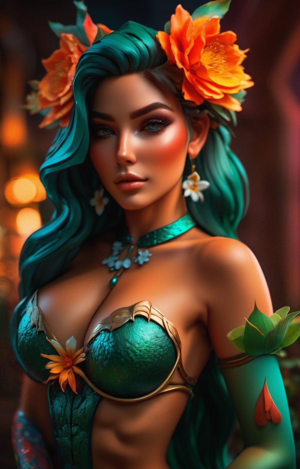 ultra hires, ultra detailed, masterpiece, best quality, woman, flower dress, colorful, darl background, flower armor, green theme, exposure blend, medium shot, bokeh, (hdr:1.4), high contrast, (cinematic, teal and orange:0.85), (muted colors, dim colors, soothing tones:1.3), low saturation,Animal ear