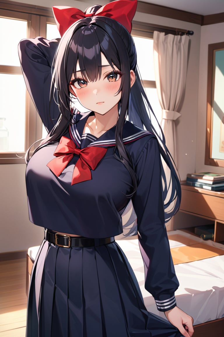 black shirt, long skirt, serafuku, arm up, bow, huge breasts, black skirt, shirt, skirt, black hair, indoors, 1girl, school uniform, red bowtie, long hair, closed mouth, ponytail, bowtie, long sleeves, looking at viewer, belt, red bow, sailor collar, black eyes, collarbone, solo, blush