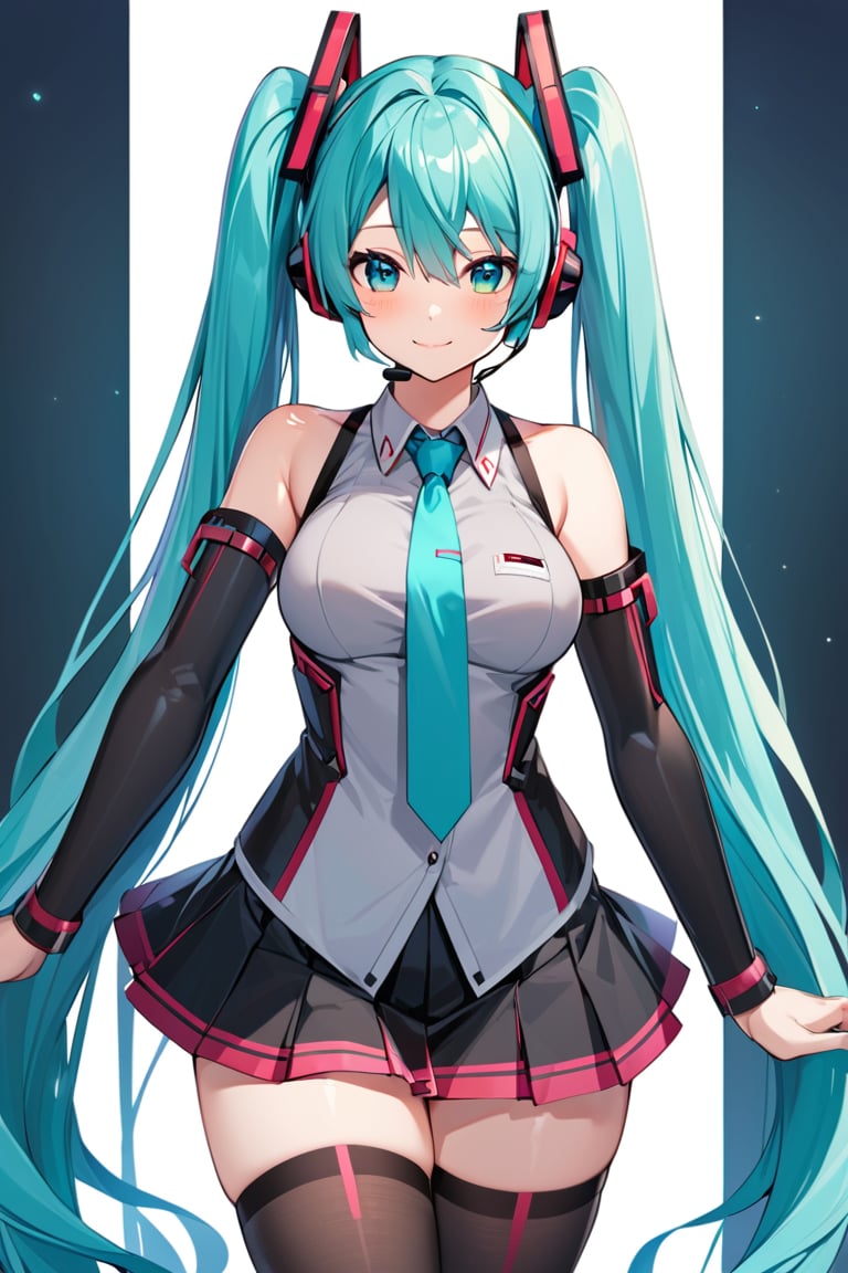 hatsune miku,  aqua necktie, aqua hair, grey shirt, hair ornament, headset, black skirt, shirt, skirt, bare shoulders, thighs, 1girl, long hair, black thighhighs, closed mouth, aqua eyes, looking at viewer, smile, large breasts, detached sleeves, very long hair, pleated skirt, zettai ryouiki, twintails, necktie, thighhighs, solo, blush, sleeveless