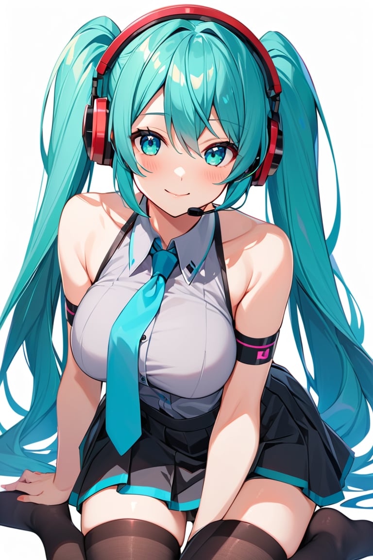 hatsune miku,  aqua necktie, aqua hair, grey shirt, hair ornament, headset, black skirt, shirt, skirt, bare shoulders, thighs, 1girl, long hair, black thighhighs, closed mouth, aqua eyes, looking at viewer, smile, large breasts, detached sleeves, very long hair, pleated skirt, zettai ryouiki, twintails, necktie, thighhighs, solo, blush, sleeveless