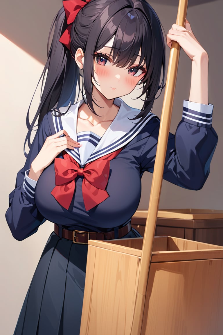 black shirt, long skirt, serafuku, arm up, bow, huge breasts, black skirt, shirt, skirt, black hair, indoors, 1girl, school uniform, red bowtie, long hair, closed mouth, ponytail, bowtie, long sleeves, looking at viewer, belt, red bow, sailor collar, black eyes, collarbone, solo, blush