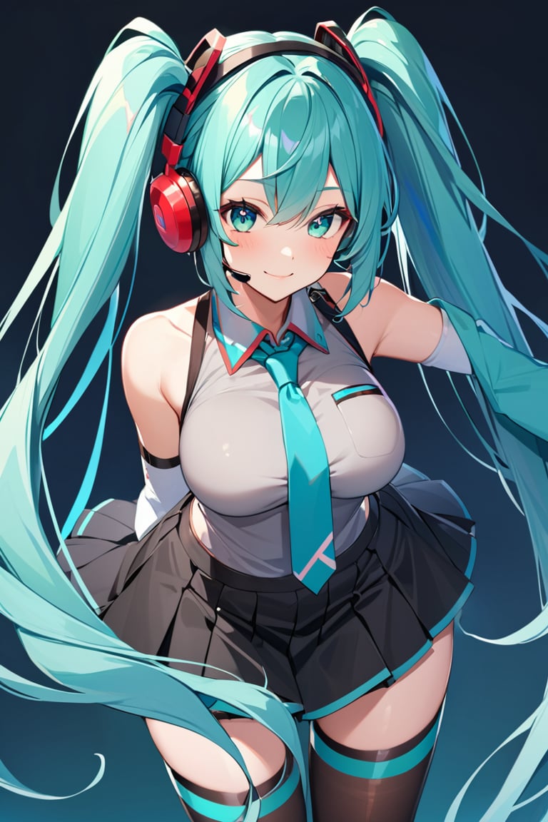 hatsune miku,  aqua necktie, aqua hair, grey shirt, hair ornament, headset, black skirt, shirt, skirt, bare shoulders, thighs, 1girl, long hair, black thighhighs, closed mouth, aqua eyes, looking at viewer, smile, large breasts, detached sleeves, very long hair, pleated skirt, zettai ryouiki, twintails, necktie, thighhighs, solo, blush, sleeveless