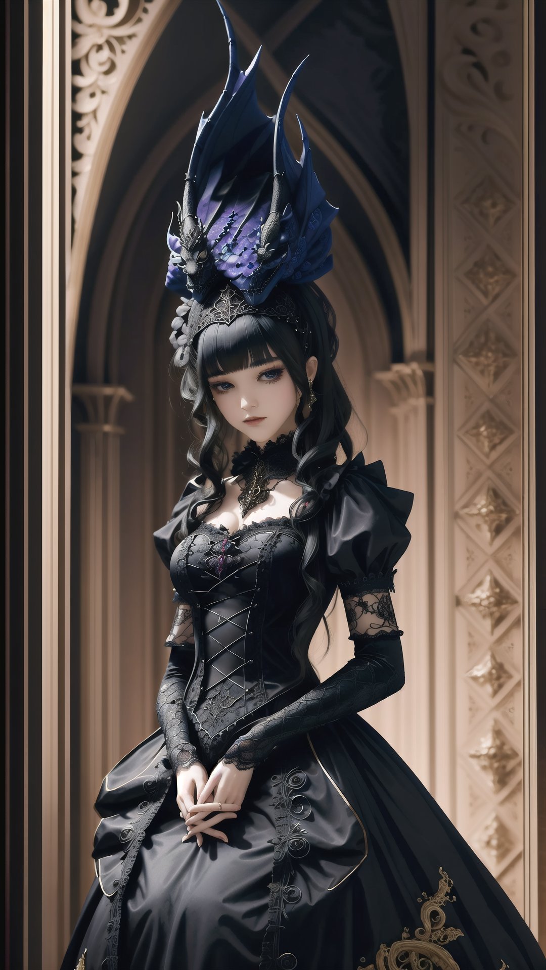 A dragon, adorned in a fusion of Renaissance European noble fashion and modern Gothic Lolita attire, wearing intricate ruffled collars, embroidered velvet garments, and lace accessories, The reptilian creature embodies both aristocratic elegance and contemporary gothic charm, creating a unique and surreal aesthetic