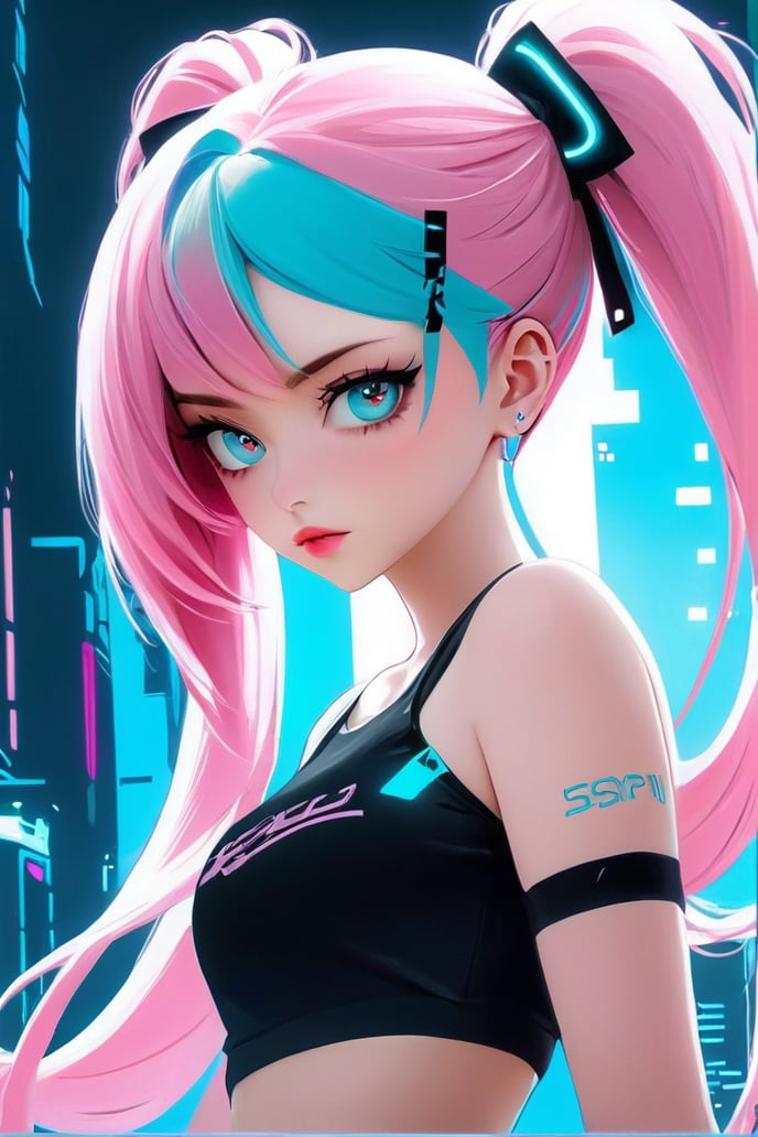 a girl with pink hair and a black top, rossdraws cartoon vibrant, cyberpunk anime girl, female cyberpunk anime girl, pink twintail hair and cyan eyes, 1 7 - year - old anime goth girl, pink girl, anime cyberpunk art, :: rossdraws, (anime girl), anime style illustration, anime girl, dreamy cyberpunk girl, anime style character