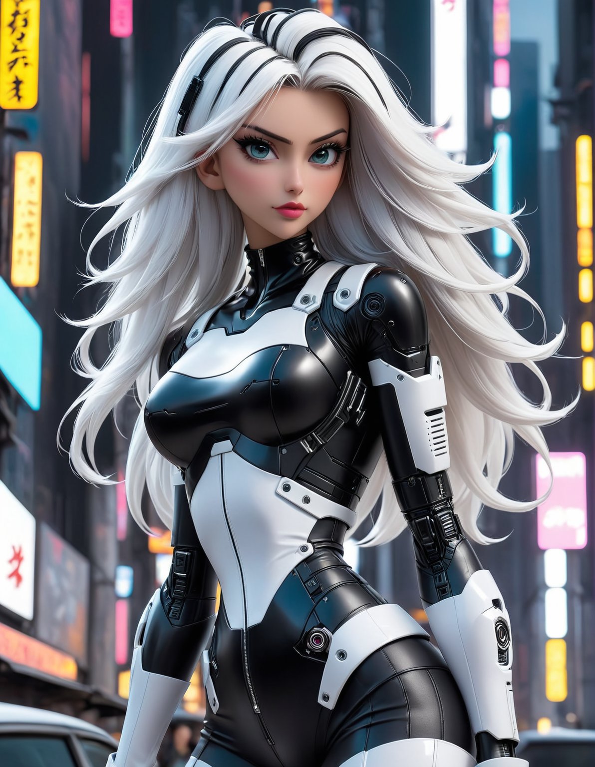 a woman in a black and white outfit standing in a city, digital cyberpunk - anime art, digital cyberpunk anime art, anime cyberpunk art, cyberpunk anime art, oppai cyberpunk, cyberpunk anime girl, female cyberpunk anime girl, modern cyberpunk anime, cyberpunk anime girl mech, best anime 4k konachan wallpaper, anime cyberpunk, cyberpunk art style