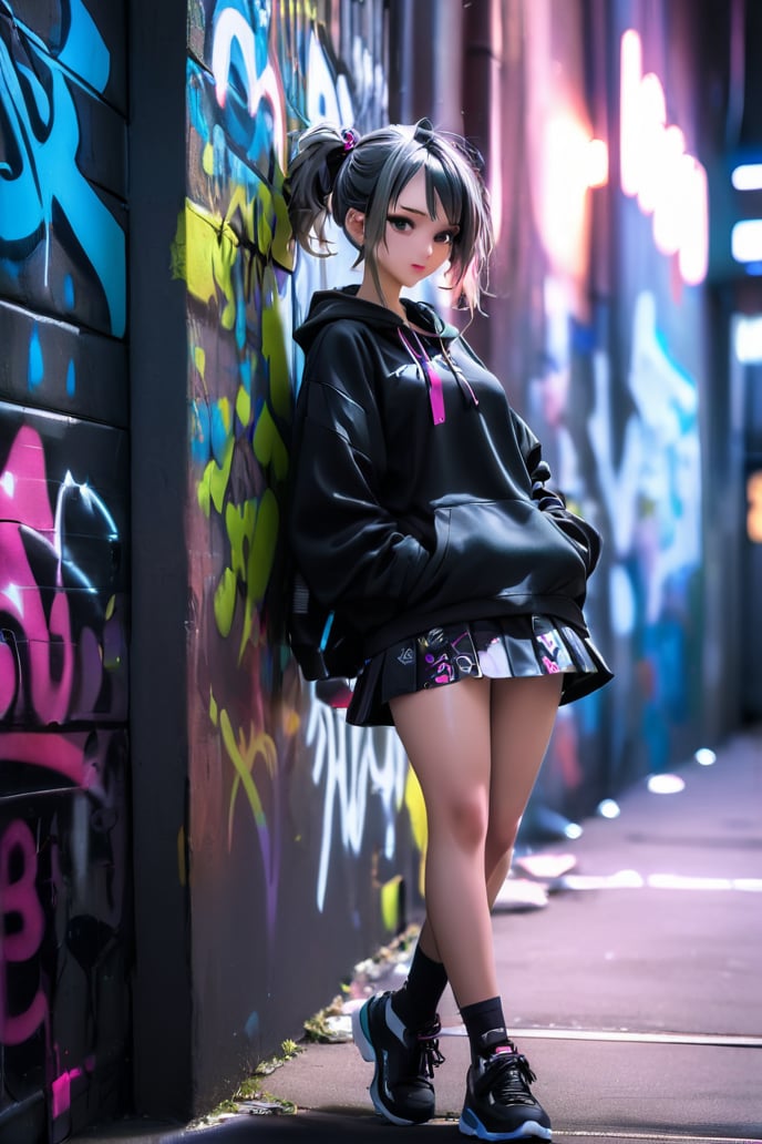 arafed woman in a short skirt leaning against a wall with graffiti, anime style 4 k, anime style. 8k, anime art wallpaper 8 k, cyberpunk anime girl, anime girl wearing a black dress, anime art wallpaper 4 k, anime art wallpaper 4k, urban girl fanart, anime style mixed with fujifilm, anime visual of a cute girl