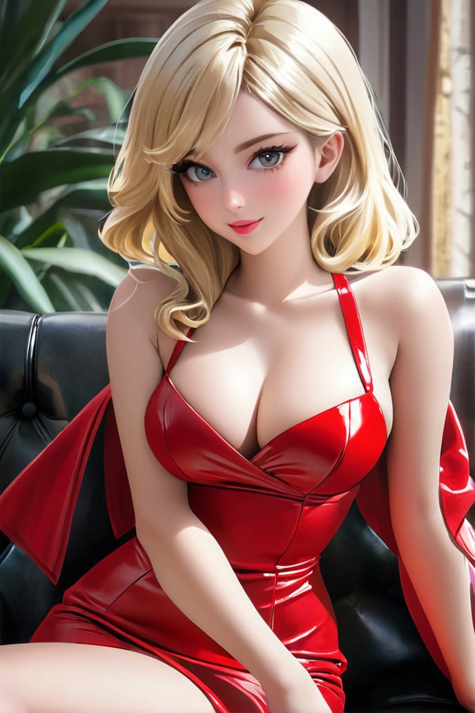 blond woman in red dress sitting on a couch with a black leather chair, seductive anime girl, beautiful alluring anime woman, beautiful alluring anime teen, by Yang J, by Russell Dongjun Lu, by Ross Tran, attractive anime girl, blonde goddess, red clothes, red bra, beautiful anime woman, trending on cgstation, extremely detailed artgerm