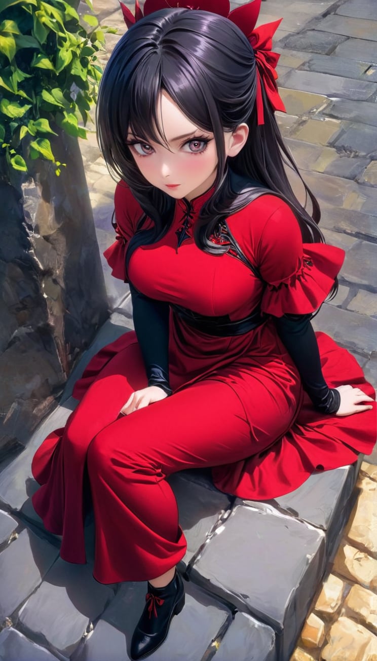 a woman in a red dress sitting on a stone floor, beautiful alluring anime woman, beautiful anime woman, gothic maiden anime girl, beautiful anime art, beautiful fantasy anime, beautiful anime artwork, anime fantasy artwork, detailed digital anime art, beautiful elegant demon queen, detailed anime art, beautiful anime girl, extremely detailed artgerm, beautiful succubus, seductive anime girl