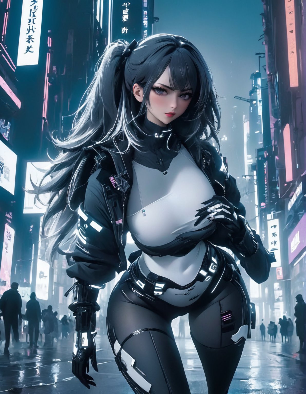 a woman in a black and white outfit standing in a city, digital cyberpunk - anime art, digital cyberpunk anime art, anime cyberpunk art, cyberpunk anime art, oppai cyberpunk, cyberpunk anime girl, female cyberpunk anime girl, modern cyberpunk anime, cyberpunk anime girl mech, best anime 4k konachan wallpaper, anime cyberpunk, cyberpunk art style