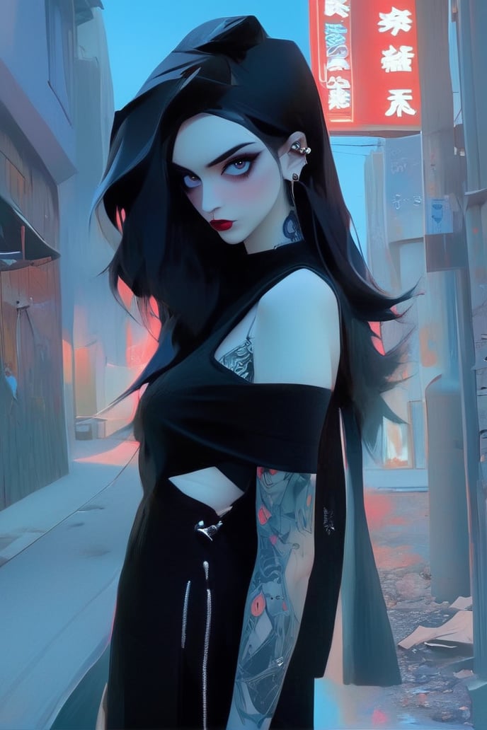 arafed woman with black hair and tattoos standing on the side of the road, artwork in the style of guweiz, gothic city streets behind her, with long hair and piercing eyes, 1 7 - year - old anime goth girl, goth girl aesthetic, goth girl, dark fantasy mixed with realism, pale goth beauty, 1 7 - year - old goth girl