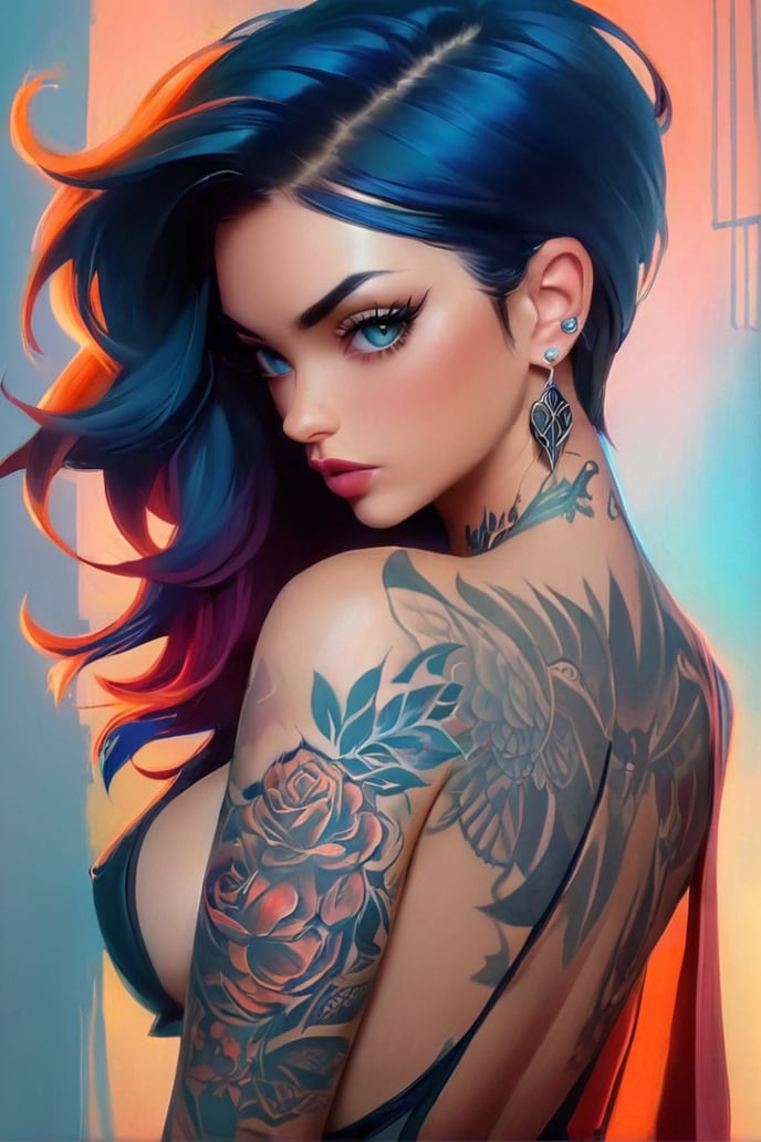 a painting of a woman with tattoos and a tattoo on her chest, lois van rossdraws, by Ross Tran, a beautiful artwork illustration, ross tran 8 k, loish and ross tran, beautiful digital artwork, beautiful artwork, stunning digital illustration, ross tran style, by Galen Dara, james jean and wlop, ross tran!!!, stunning artwork