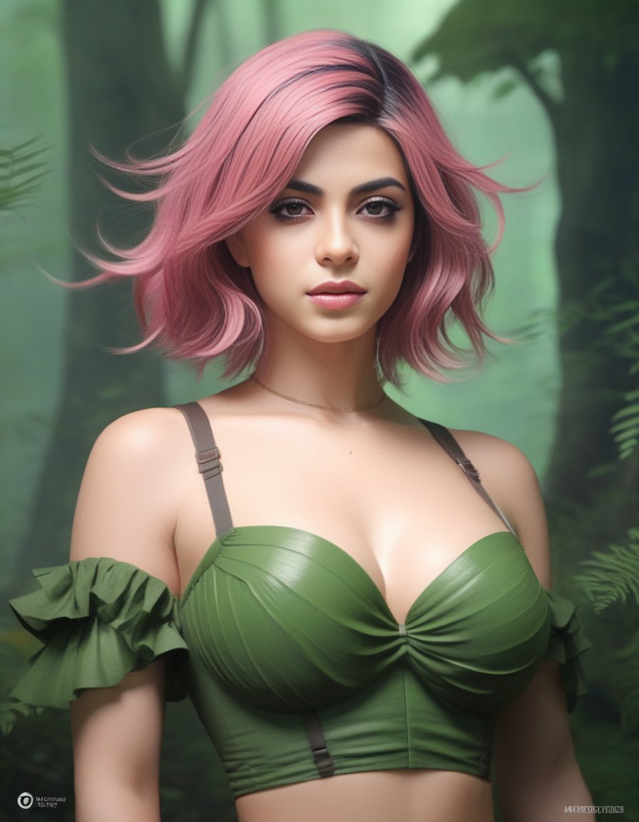 EmeraudeToubia,<lora:EmeraudeToubiaSDXL:1>Anime portrait by WLOP and Artgerm, trending on artstation, (masterpiece, best quality), 1girl, pixie, in a fantasy forest, green Short Wavy Hair with, Size DD breasts, pink Corset top and Ruffled mini skirt kneehighs,