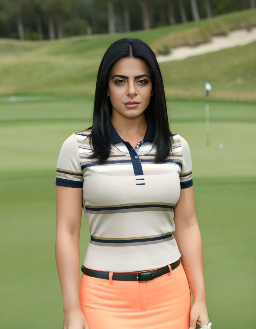 EmeraudeToubia,<lora:EmeraudeToubiaSDXL:1>  portrait photo of a woman, on a golf course, looking directly at the camera, face front