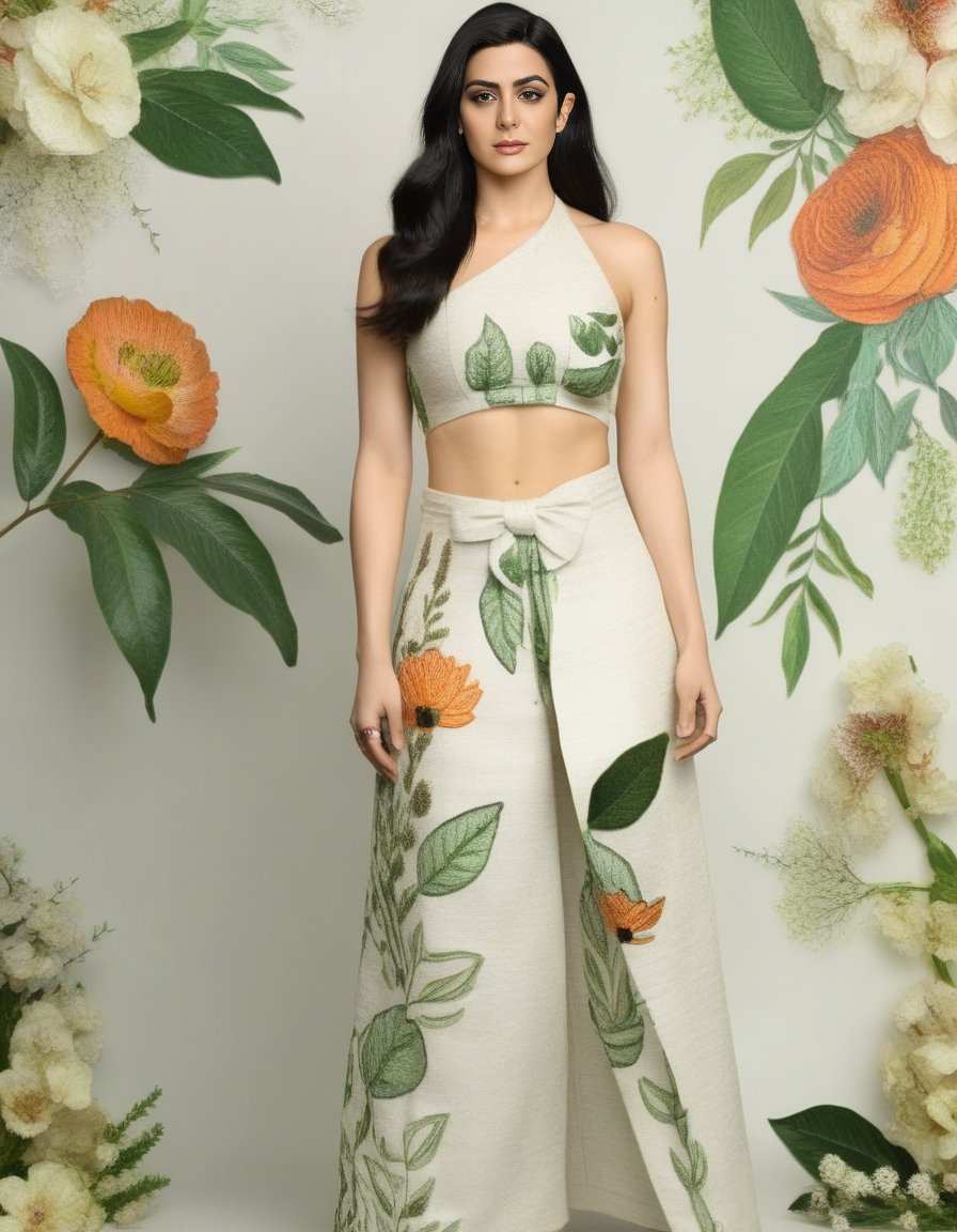 EmeraudeToubia,<lora:EmeraudeToubiaSDXL:1>,Generate a fashion concept inspired by the elegance of botanical elements. Envision clothing designs that incorporate floral patterns, organic textures, and natural color palettes. Consider how this collection captures the essence of nature in a sophisticated and wearable way