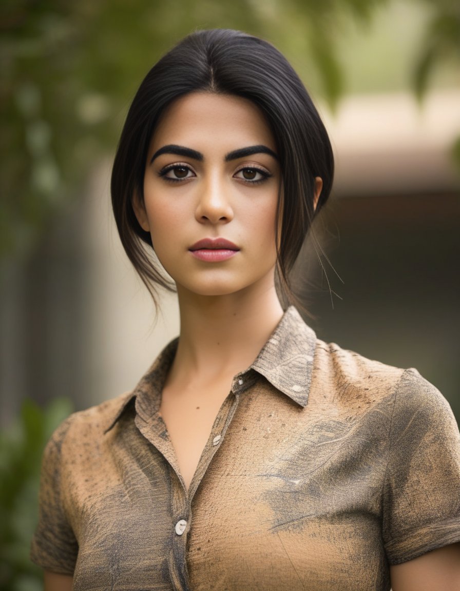 EmeraudeToubia,<lora:EmeraudeToubiaSDXL:1>,A waist-up portrait of a young beautiful girl, (freckles:0.96) skin, blunt cut hair style, "slim with curves",  batik shirt. This image, characterized by its Minimalism style and outdoor background that was recognized as a contest winner. It has been featured on CG Society.