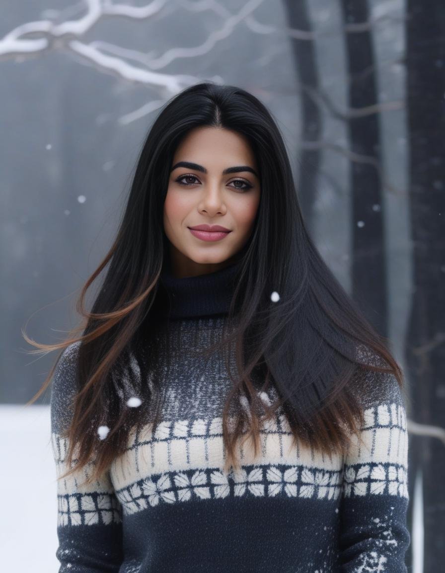 EmeraudeToubia,<lora:EmeraudeToubiaSDXL:1>,Full Body, photograph of, a happy woman smiling, long brunette hair with blonde highlights enjoying a snowy day outside, wearing a turtle neck sweater, snowing, snow in hair, masterpiece, UHD, dark, moody