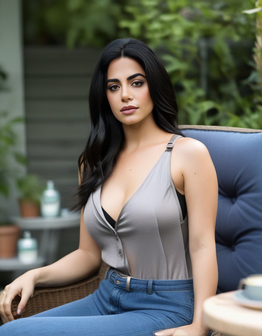 EmeraudeToubia,<lora:EmeraudeToubiaSDXL:1>,3/4 shot, photograph of, a woman, messy black hair with gray highlights, wearing a tank top and an unbuttoned collared dress shirt, sitting on a patio chair in her backyard, natural light, 8k, realistic