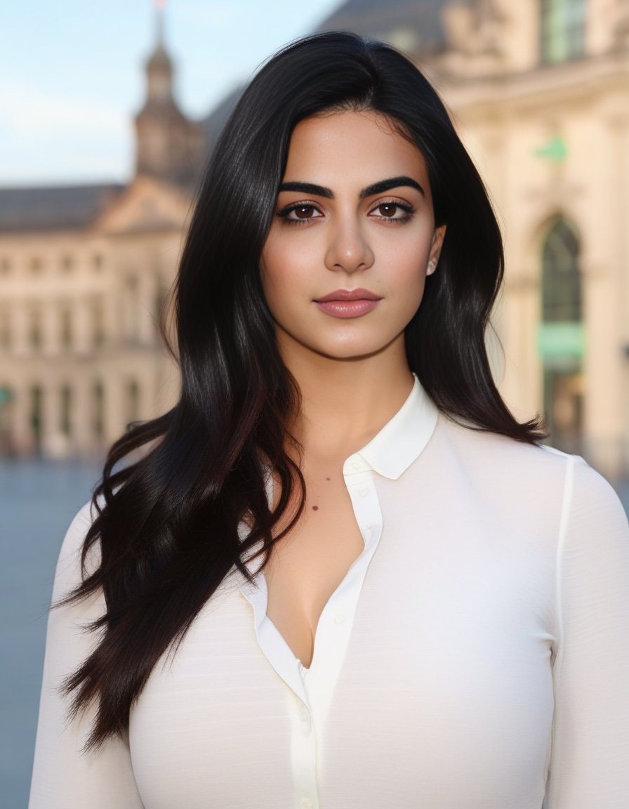 EmeraudeToubia,<lora:EmeraudeToubiaSDXL:1>,A waist up portrait of a young beautiful (Scottish | German | Italian | Turkish) girl, soft natural skin, Soft Ombré hairstyle, (breast:1.05), slim with curves, white shirt, beautiful diamond accesories.