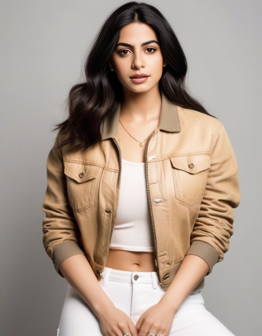 EmeraudeToubia,<lora:EmeraudeToubiaSDXL:1>,An image of a young woman with shoulder-length wavy brown hair and a relaxed, confident pose. She should have well-defined eyebrows, natural makeup, and soft brown eyes. Her attire includes a white denim jacket with rolled-up sleeves over a black crop top and distressed white skinny jeans. She accessorizes with a delicate gold necklace and a thin bracelet. The setting is informal, with a warm, neutral background.