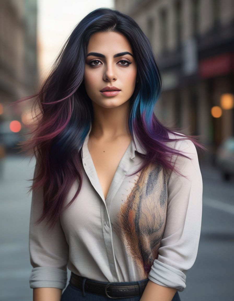 EmeraudeToubia,<lora:EmeraudeToubiaSDXL:1>,A realistic photograph of a stunning girl with [colorful hair] with [dark roots], a [small nose], highly detailed face, detailed woman face, detailed hand, beautiful [brown eyes], wearing a [shirt], in [city], [full body], highly detailed, cinematic, professional, bright color, dramatic ambient dynamic, thought, majestic, rich deep colors, vivid, stunning, graceful, wonderful, magic, perfect, pretty, marvelous, pure, scenic, sharp focus, extremely inspirational, elegant, colossal, epic, fine detail, sincere, amazing, singular, beautiful, fantastic