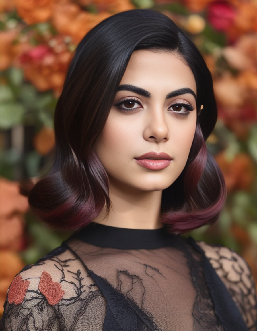 EmeraudeToubia,<lora:EmeraudeToubiaSDXL:1>,An image of a woman with a side-parted, wavy burgundy bob haircut and brown eyes. Her fair skin is complemented with natural makeup. She wears a black lace top with a floral design over a rust-colored garment. The setting is a soft-focus urban backdrop, suggesting depth and atmosphere behind her. (((masterpiece)))
