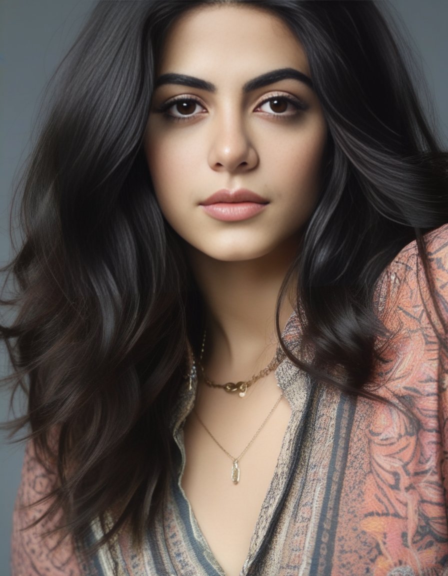 EmeraudeToubia,<lora:EmeraudeToubiaSDXL:1>,A close-up portrait of a young beautiful (Scottish | French | Spanish | Iraqi ) girl, soft natural skin, long layered bob hair style, slim with curves, Persian Paisley shirt, beautiful diamond necklaces and rings, highly details, soft lighting, {{{masterpiece))), (((super-realistic)))