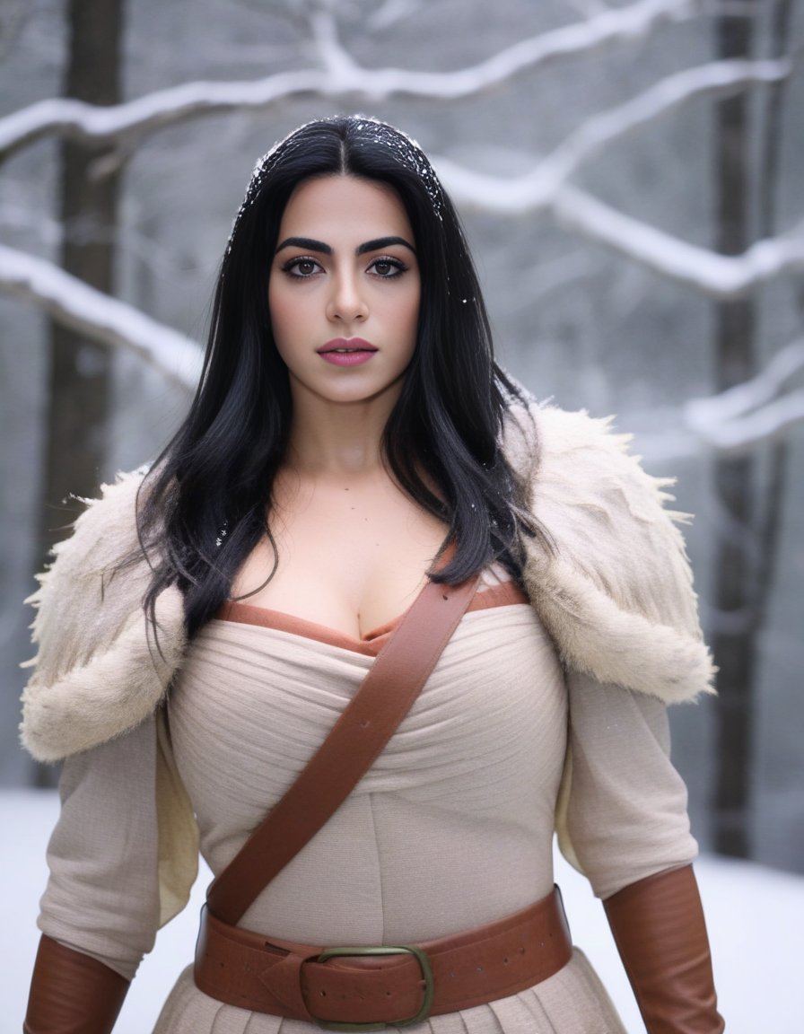 EmeraudeToubia,<lora:EmeraudeToubiaSDXL:1>, photograph, Compelling athletic Female cosplaying as Freyja, Snowing, Iphone X, Low shutter