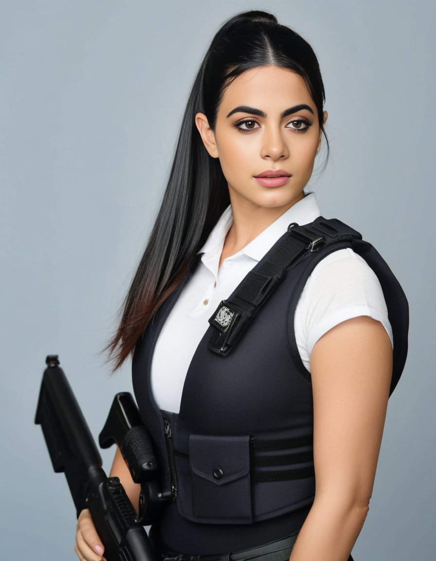 EmeraudeToubia,<lora:EmeraudeToubiaSDXL:1>,photo,detailed background, stunning beauty, high quality photo, perfect composition, perfect details and textures, highly detailed, front view, looking at camera, perfect lighting, with a ponytail, with a bulletproof vest and a shotgun, policewoman