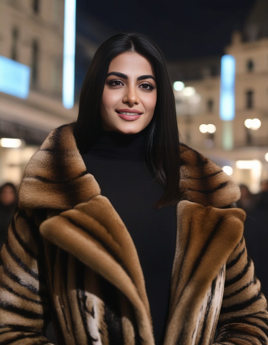 EmeraudeToubia,<lora:EmeraudeToubiaSDXL:1>,Wearing coat, fur coat, mink coat, black turtleneck, brown eyes, looking at viewer, smiling, teeth, medium shot, standing, outside, city, market, nighttime, snow, crowd, high quality, masterpiece, gorgeous, cinematic, dramatic ambient, highly detailed, very cool, futuristic, sharp focus, intricate, vibrant, color, epic light