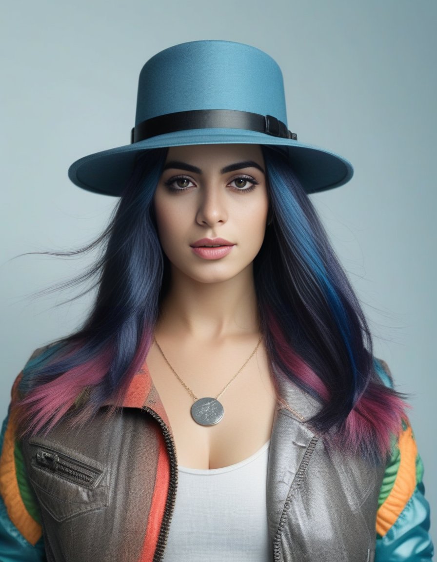 EmeraudeToubia,<lora:EmeraudeToubiaSDXL:1>, Realistic photo of a beautiful  woman, 1girl, solo, long hair, hat, jewelry, blue hair, jacket, multicolored hair, necklace, bracelet, lips, realistic, fashion, soft lighting, professional Photography, Photorealistic, detailed, RAW, analog, sharp focus, 8k, HD, DSLR, high quality, Fujifilm XT3, film grain, award winning, masterpiece