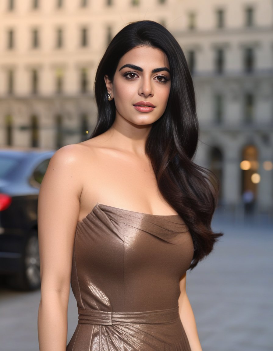 EmeraudeToubia,<lora:EmeraudeToubiaSDXL:1>,age 30,  film grain, movie scene snapshot, long brown hair, wearing gala dinner dress, upper body, close up, looking at viewer, front facing camera, motion blur, depth of field, exceptional detail, hands behind