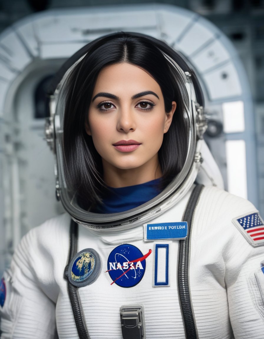 EmeraudeToubia,<lora:EmeraudeToubiaSDXL:1>,photo,detailed background, stunning beauty, high quality photo, perfect composition, perfect details and textures, highly detailed, front view, looking at camera, perfect lighting, with an astronaut suit in the space station
