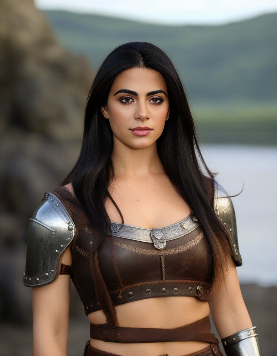 EmeraudeToubia,<lora:EmeraudeToubiaSDXL:1>,(photo of a gorgeous woman), (professional photography), (scenic background), ((as a viking warrior woman)), ((close-up)), masterpiece, best quality, (eye contact), (looking at the viewer), centred, (shot from front), blurred_background, proportional