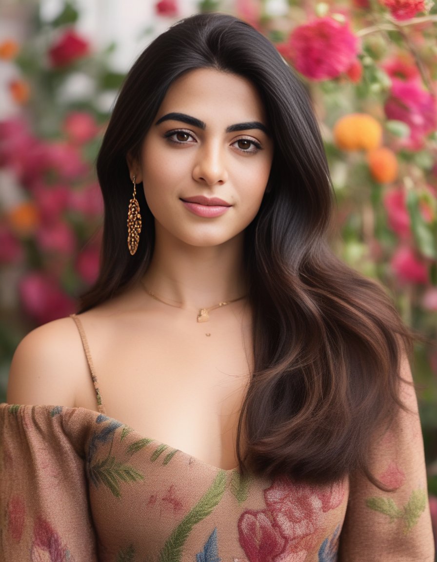 EmeraudeToubia,<lora:EmeraudeToubiaSDXL:1>, a Realistic photo of  woman, 1girl, solo, long hair, looking at viewer, smile, brown hair, brown eyes, jewelry, upper body, earrings, necklace, mole, lips, traditional media, floral print, realistic, professional Photography, Photorealistic, detailed eyes, RAW, analog, sharp focus, 8k, HD, DSLR, high quality, Fujifilm XT3, film grain, award winning, masterpiece