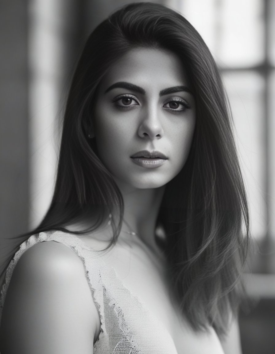 EmeraudeToubia,<lora:EmeraudeToubiaSDXL:1>,A black and white portrait, sunlight emphasizing the stark lines of a woman's face, her piercing eyes locked with the viewer. (Timeless elegance, raw emotion, captivating intensity)