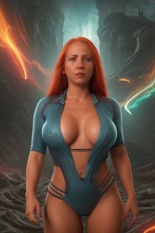 (clothed, masterpiece,wide angle, cinematic establishing shot,young adult european woman, highly detailed background:1.2), volumetric lighting, subsurface scattering, dynamic pose, (special effects, color grading, fantasy aura:1.3), (Spirit Medium Covered Breasts:0.81), Cleavage, (Large Covered Breasts:0.81), Ethereal spirits, medium trance, spirit board, ghostly whispers, redhead,Bikini