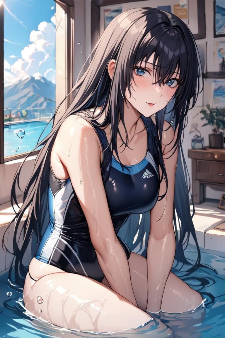 best quality, best aesthetic, ultra-detailed, masterpiece, BREAK1girl, solo, female, sawaragishihoexp, black hair, blue eyes, hair between eyes,  sidelocks, longhair, swimming suit, swimsuit, swimming pool, sitting, thighs, windows, water, legs submerged in water, looking at viewer,,cowboy shot,  , detailed background, colorful, vivid,   <lora:Sawaragi_shiho_XL-000011:0.8>