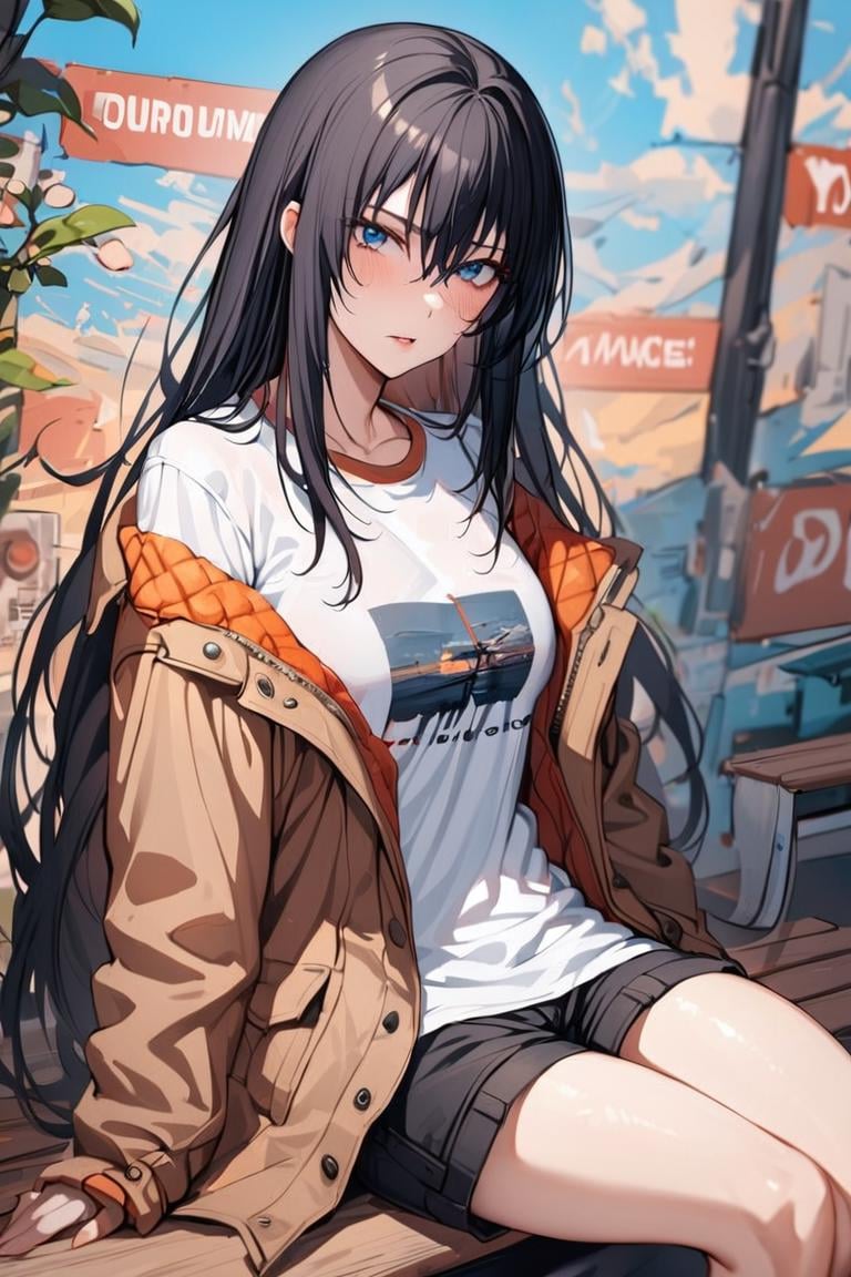 best quality, best aesthetic, ultra-detailed, masterpiece, BREAK1girl, solo, female, sawaragishihoexp, black hair, blue eyes, hair between eyes,  sidelocks, longhair, outdoors, bench, sitting, tshirt, shorts, thighs, overcoat, jacket,off shoulder,  , looking at viewer, cowboy shot,  , detailed background, colorful, vivid,   <lora:Sawaragi_shiho_XL-000011:0.8> 