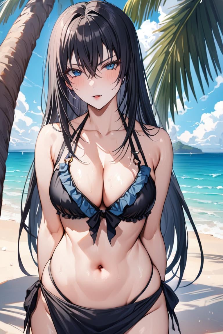 best quality, best aesthetic, ultra-detailed, masterpiece, BREAK1girl, solo, female, sawaragishihoexp, black hair, blue eyes, hair between eyes,  sidelocks, longhair, beach, ocean, palm tree, bikini, side tie bikini, frilled bikini , sarong, thighs, navel, cleavage, bare  shoulders , looking at viewer, cowboy shot,  , detailed background, colorful, vivid,   <lora:Sawaragi_shiho_XL-000011:0.8> 