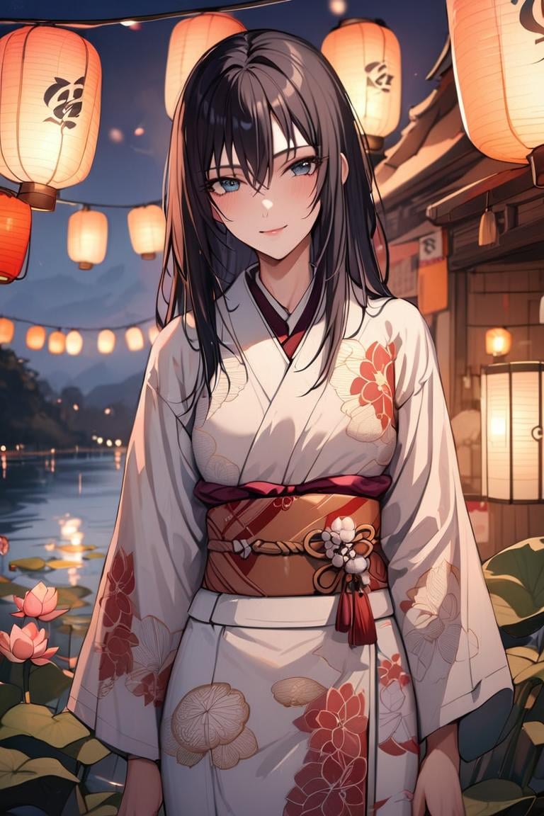 best quality, best aesthetic, ultra-detailed, masterpiece, BREAK1girl, solo, female, sawaragishihoexp, black hair, blue eyes, hair between eyes, sidelocks, kimono, japanese clothes, japanese houses, outdoor, obi, japanese festival,lights, lamps, paper lamps, flowers,lotus, lake,light smile, looking at viewer,cowboy shot,  , detailed background, colorful, vivid,  <lora:Sawaragi_shiho_XL-000010:0.8> 