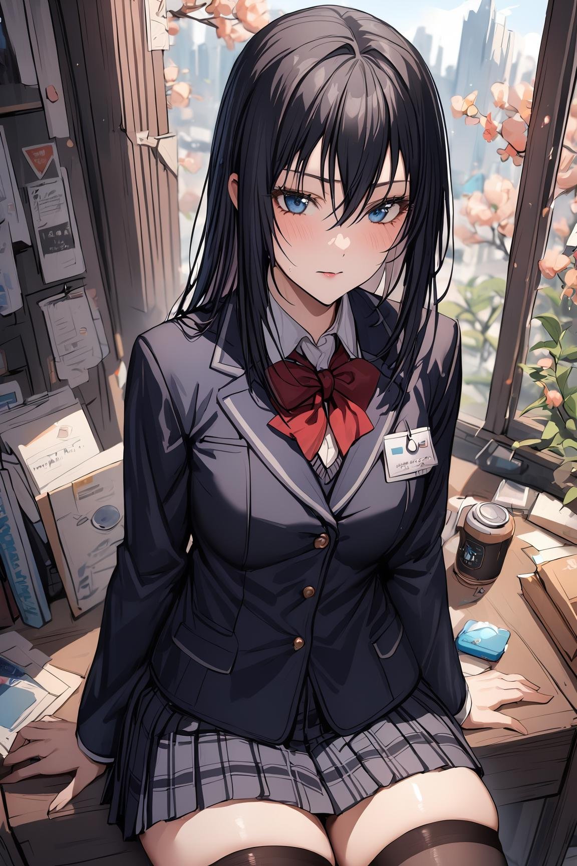 best quality, best aesthetic, ultra-detailed, masterpiece, BREAK1girl, solo, female, sawaragishihoexp, black hair, blue eyes, hair between eyes, sidelocks, school uniform, blazer, skirt, thighhighs, stockings, detailed background, colorful, vivid,  <lora:Sawaragi_shiho_XL-000010:0.8>