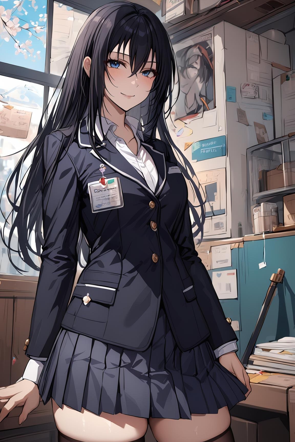 best quality, best aesthetic, ultra-detailed, masterpiece, BREAK1girl, solo, female, sawaragishihoexp, black hair, blue eyes, hair between eyes, sidelocks, school uniform, blazer, skirt, thighhighs, stockings, standing, side shot, light smile, detailed background, colorful, vivid,  <lora:Sawaragi_shiho_XL-000010:0.8>