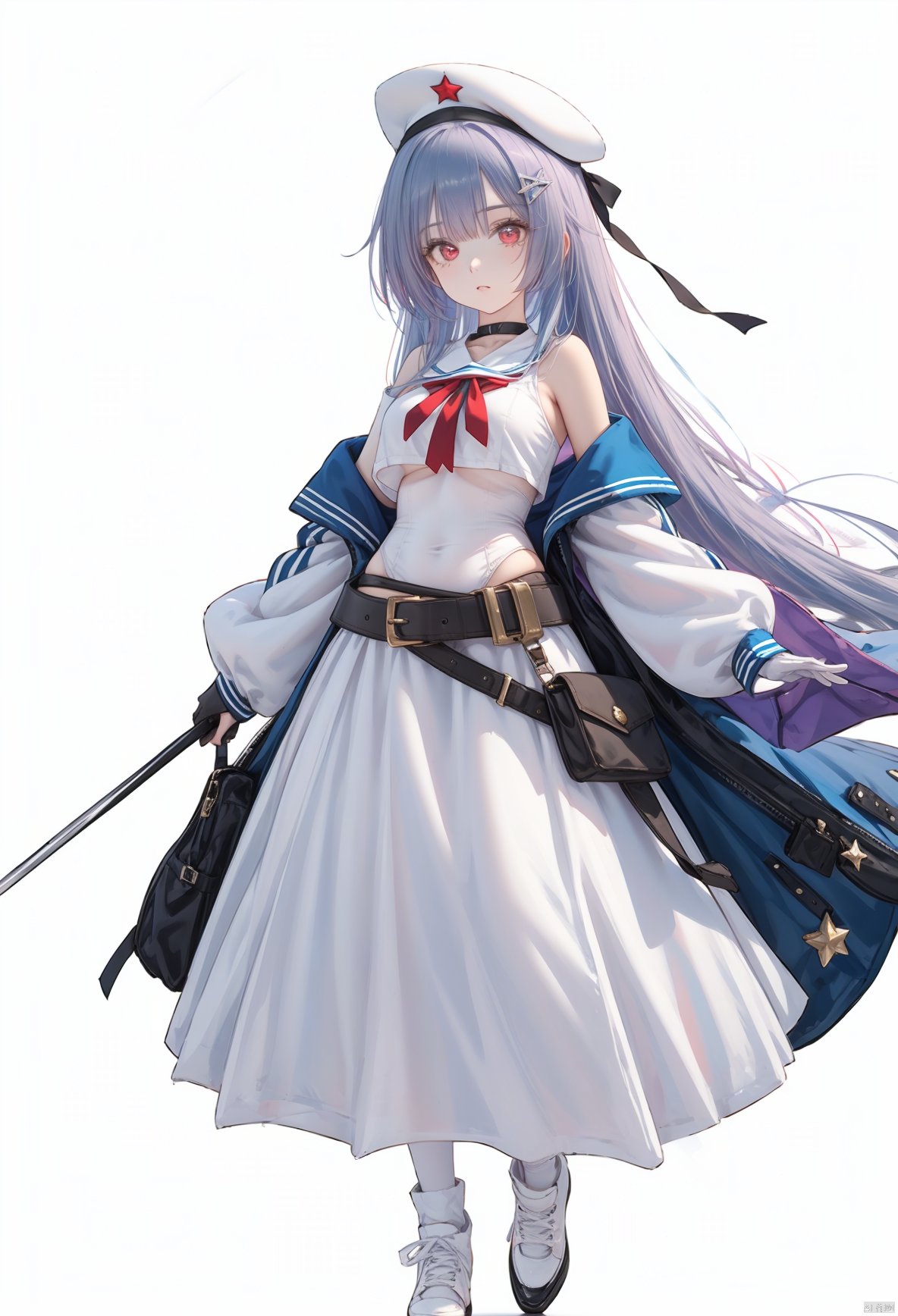 YingTan, 1girl, solo, hat, long hair, purple hair, red eyes, gloves, white headwear, white gloves, white background, skirt, looking at viewer, long skirt, full body, long sleeves, bare shoulders, white skirt, sailor collar, off shoulder, belt, leotard, white leotard, shoes, shirt, breasts, blue sailor collar, beret, white shirt