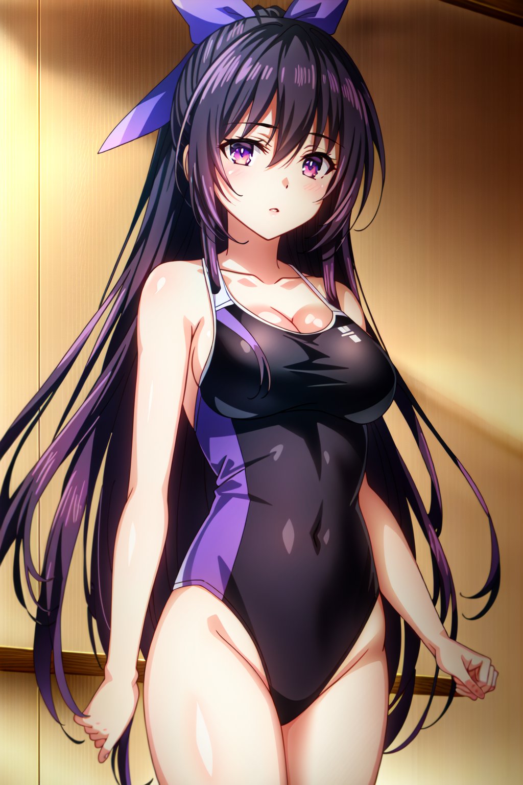 (extremely detailed CG unity 4k wallpaper),(masterpiece),(best quality),(ultra-detailed),(best illustration),(best shadow),(absurdres),(detailed background) <lora:OGT_Tohka_Yatogami-v2:0.7> Tohka Yatogami, 1girl, breasts, long hair, solo, cowbow shot, white swimsuit, white one-piece swimsuit, cleavage, white one-piece swimsuit, purple eyes, purple hair, very long hair, looking at viewer, medium breasts, hair between eyes, covered navel, bow, collarbone, parted lips, black ribbon, standing, cowboy shot, hair ribbons, bangs, holding own arm, hair ribbon