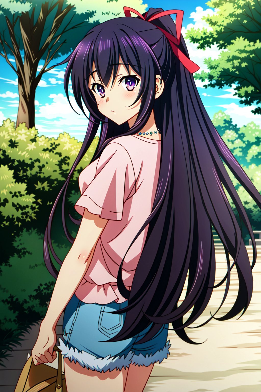 (extremely detailed CG unity 4k wallpaper),(masterpiece),(best quality),(ultra-detailed),(best illustration),(best shadow),(absurdres),(detailed background) <lora:OGT_Tohka_Yatogami-v2:0.7> Tohka Yatogami, 1girl, solo, long hair, shorts, purple hair, purple eyes, bag, necklace, very long hair, ponytail, outdoors, blue shorts, jewelry, ribbon, day, pink shirt, hair ribbon, looking at viewer