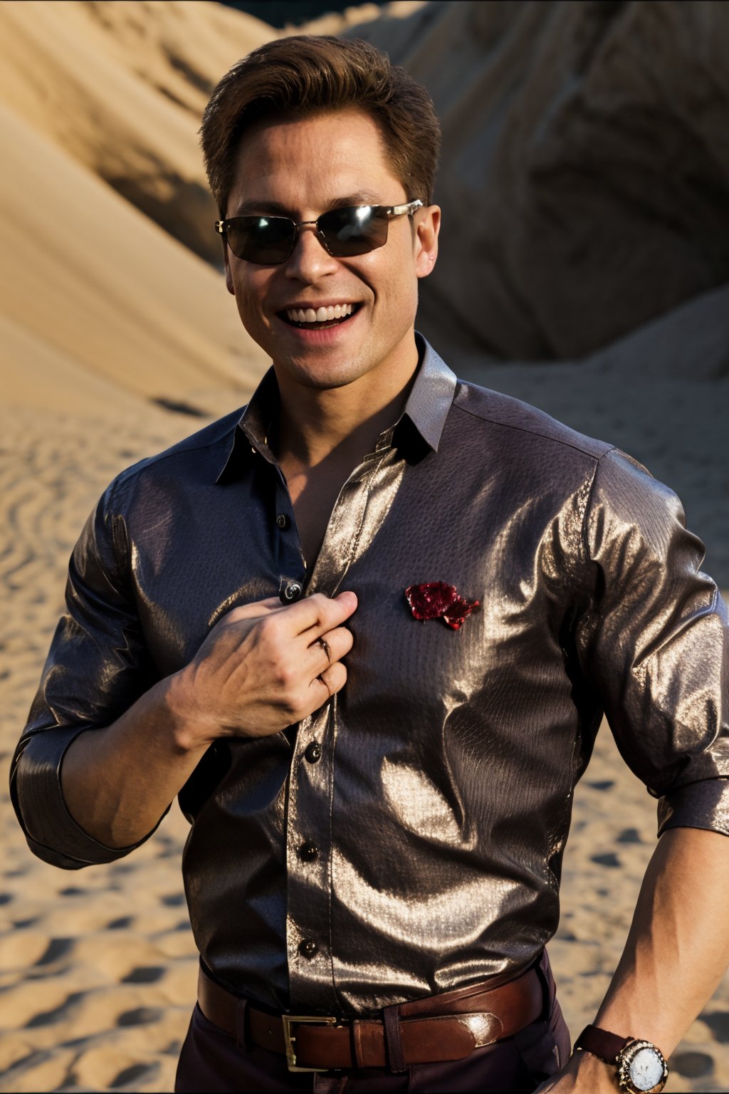 fullbody image of Johnny Cage, international love pose, man, collared shirt, full body, sunglasses, glint, glint on sunglasses, blood on face, grin, thunbs up, simple background (arena with sand), professional photography, ultra sharp focus, tetradic colors, photorealistic, photo r3al,1, well lit scene,johnny_cage_mk1