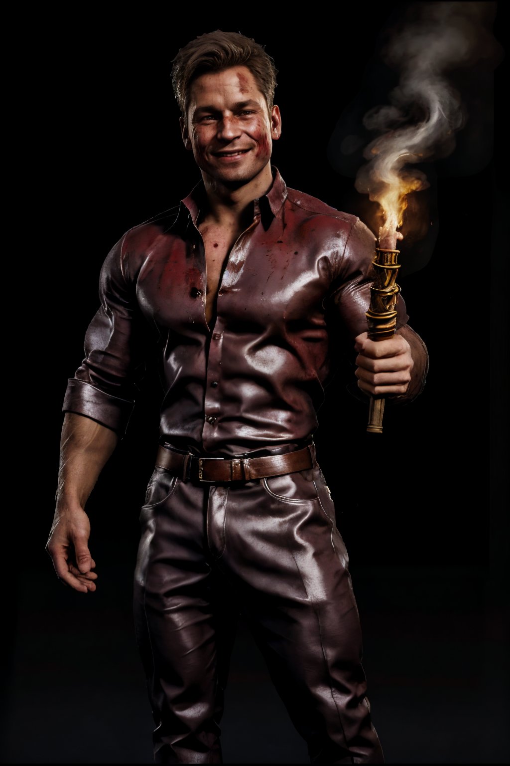 fullbody image of Johnny Cage, 1man, collared shirt, open shirt, exposed chest, blood on face, blood, smile, holding trophy, looking at viewer, simple background (colosseum arena, torches), photorealistic, best quality, without noise, clear, high_resolution, 8K masterpiece, soft lighting, realistic skin, highly detailed, ultra sharp focus, tetradic colors, johnny_cage_mk1